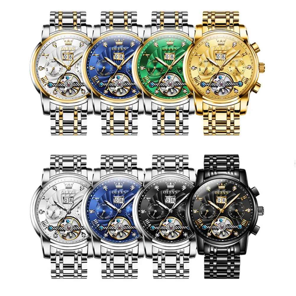 OLEVS 9910 Mens Watch Original Luxury Brand Waterproof Luminous Automatic Mechanical Watch Dual Calendar Watch Box Reloj.