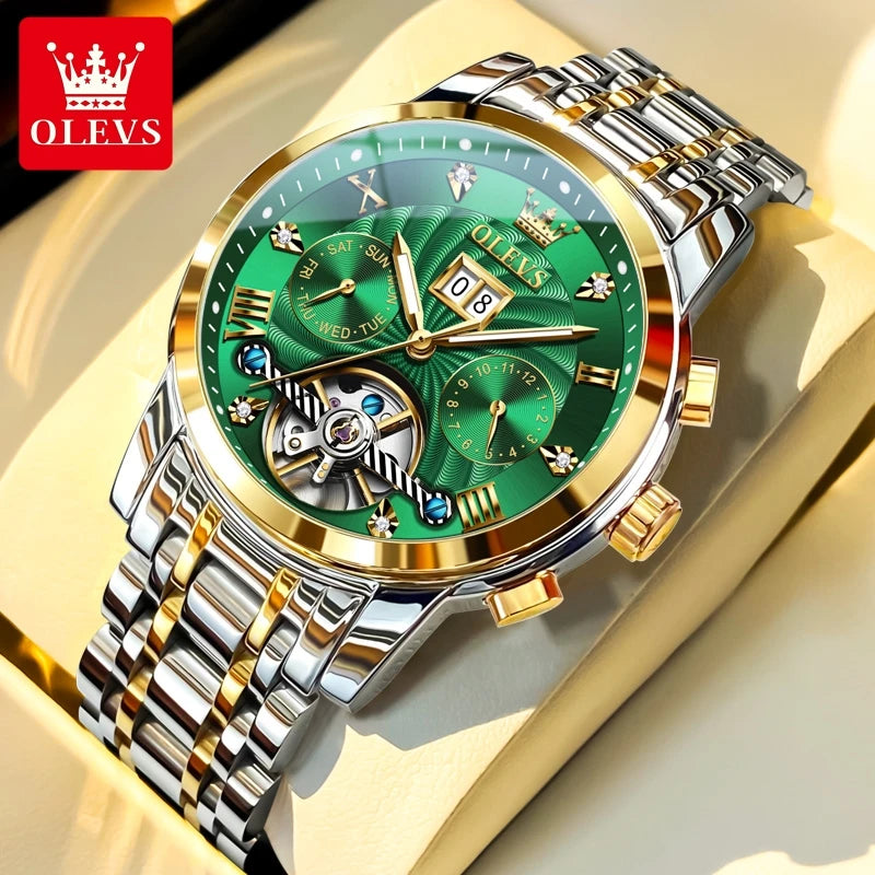 OLEVS 9910 Mens Watch Original Luxury Brand Waterproof Luminous Automatic Mechanical Watch Dual Calendar Watch Box Reloj.