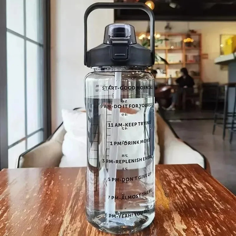 2L Large Capacity Plastic Straw Water Cup Drink Bottle Portable Handheld Water Bottle With Time Marker For Outdoor Sports Gym