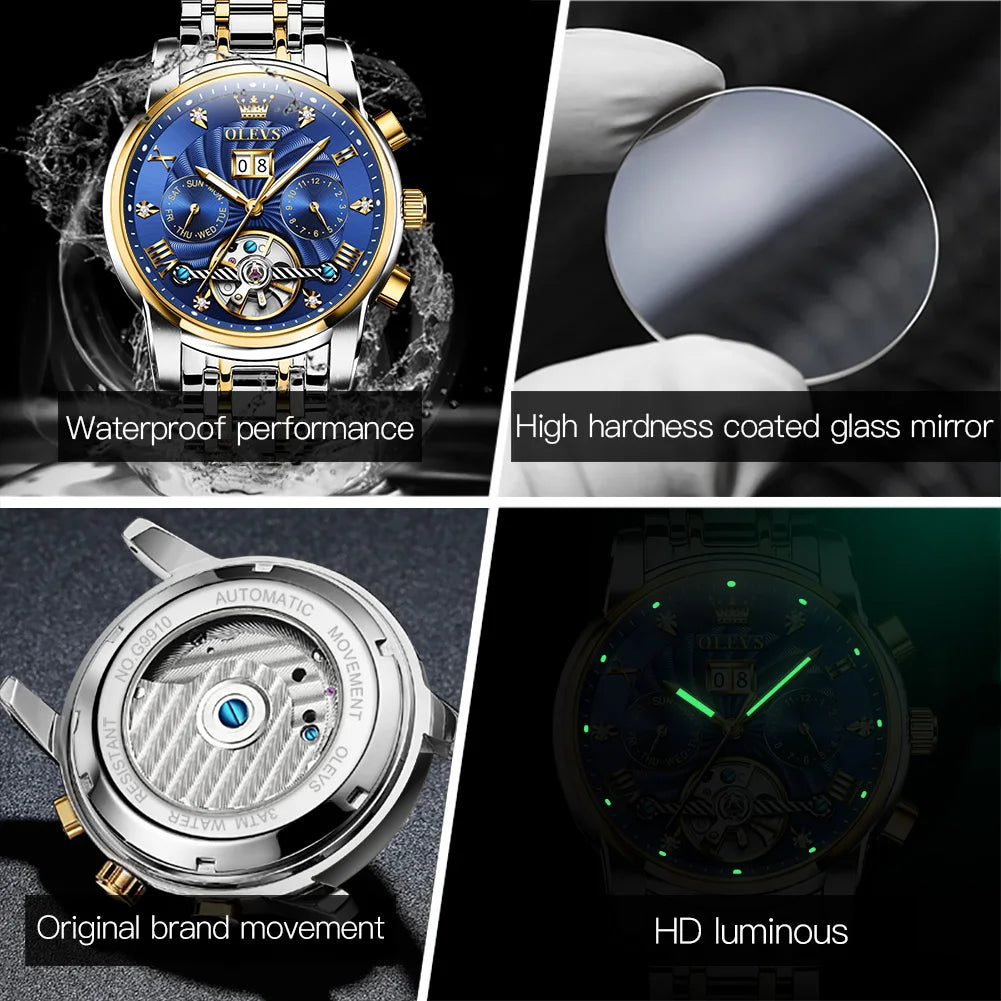 OLEVS 9910 Mens Watch Original Luxury Brand Waterproof Luminous Automatic Mechanical Watch Dual Calendar Watch Box Reloj.