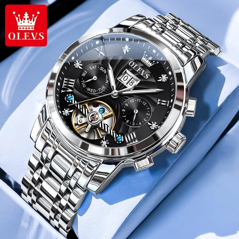 OLEVS 9910 Mens Watch Original Luxury Brand Waterproof Luminous Automatic Mechanical Watch Dual Calendar Watch Box Reloj.
