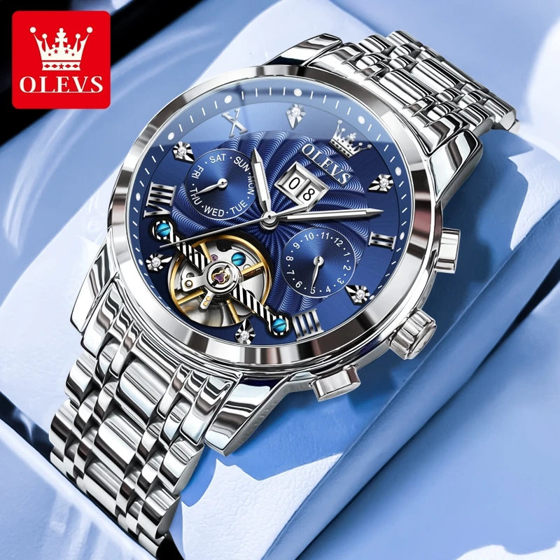 OLEVS 9910 Mens Watch Original Luxury Brand Waterproof Luminous Automatic Mechanical Watch Dual Calendar Watch Box Reloj.