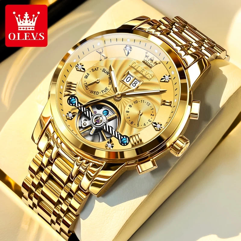 OLEVS 9910 Mens Watch Original Luxury Brand Waterproof Luminous Automatic Mechanical Watch Dual Calendar Watch Box Reloj.