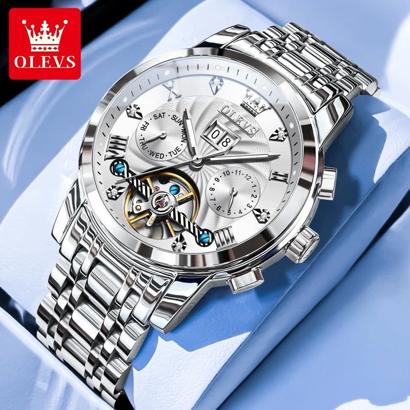 OLEVS 9910 Mens Watch Original Luxury Brand Waterproof Luminous Automatic Mechanical Watch Dual Calendar Watch Box Reloj.
