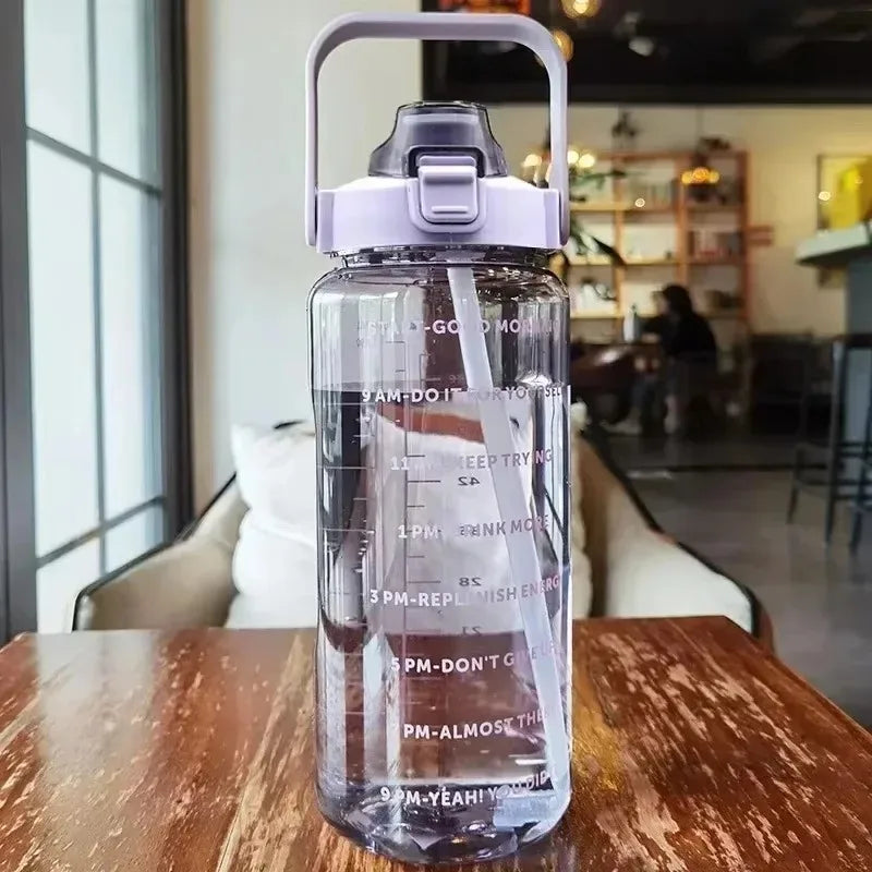 2L Large Capacity Plastic Straw Water Cup Drink Bottle Portable Handheld Water Bottle With Time Marker For Outdoor Sports Gym
