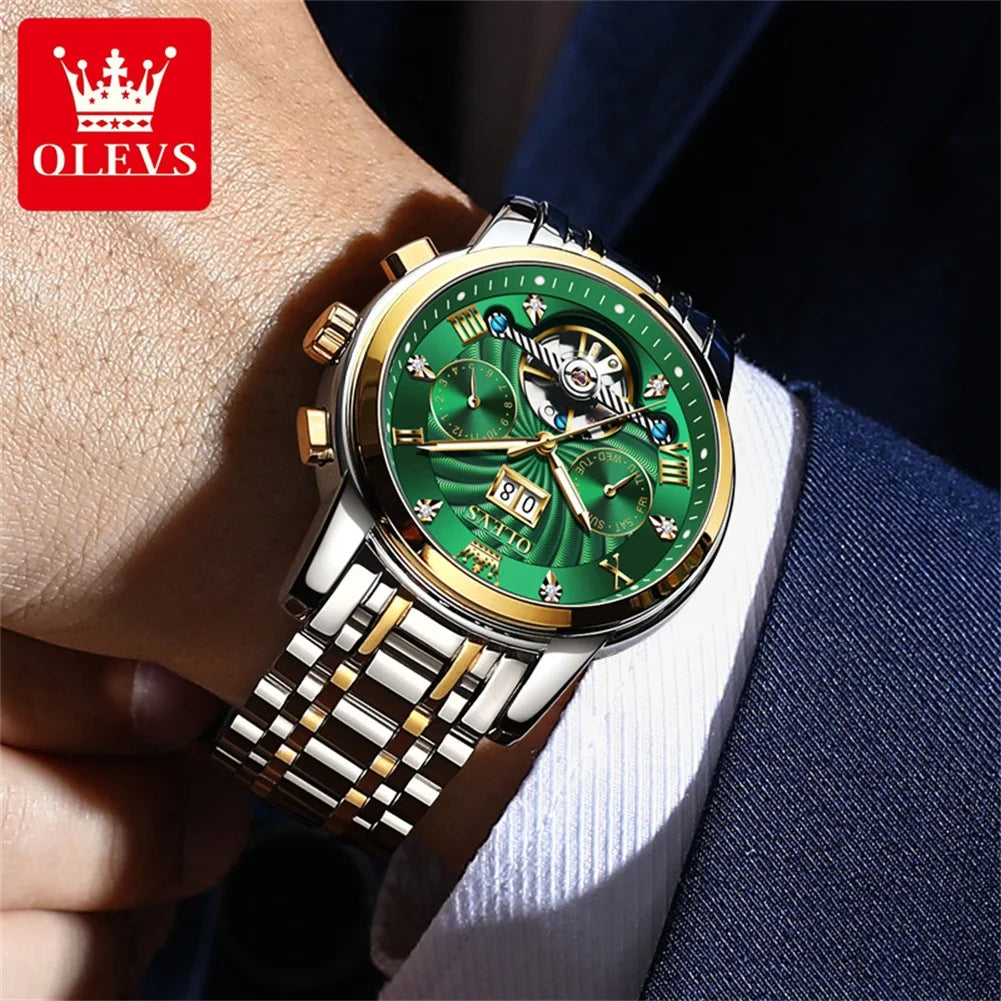 OLEVS 9910 Mens Watch Original Luxury Brand Waterproof Luminous Automatic Mechanical Watch Dual Calendar Watch Box Reloj.