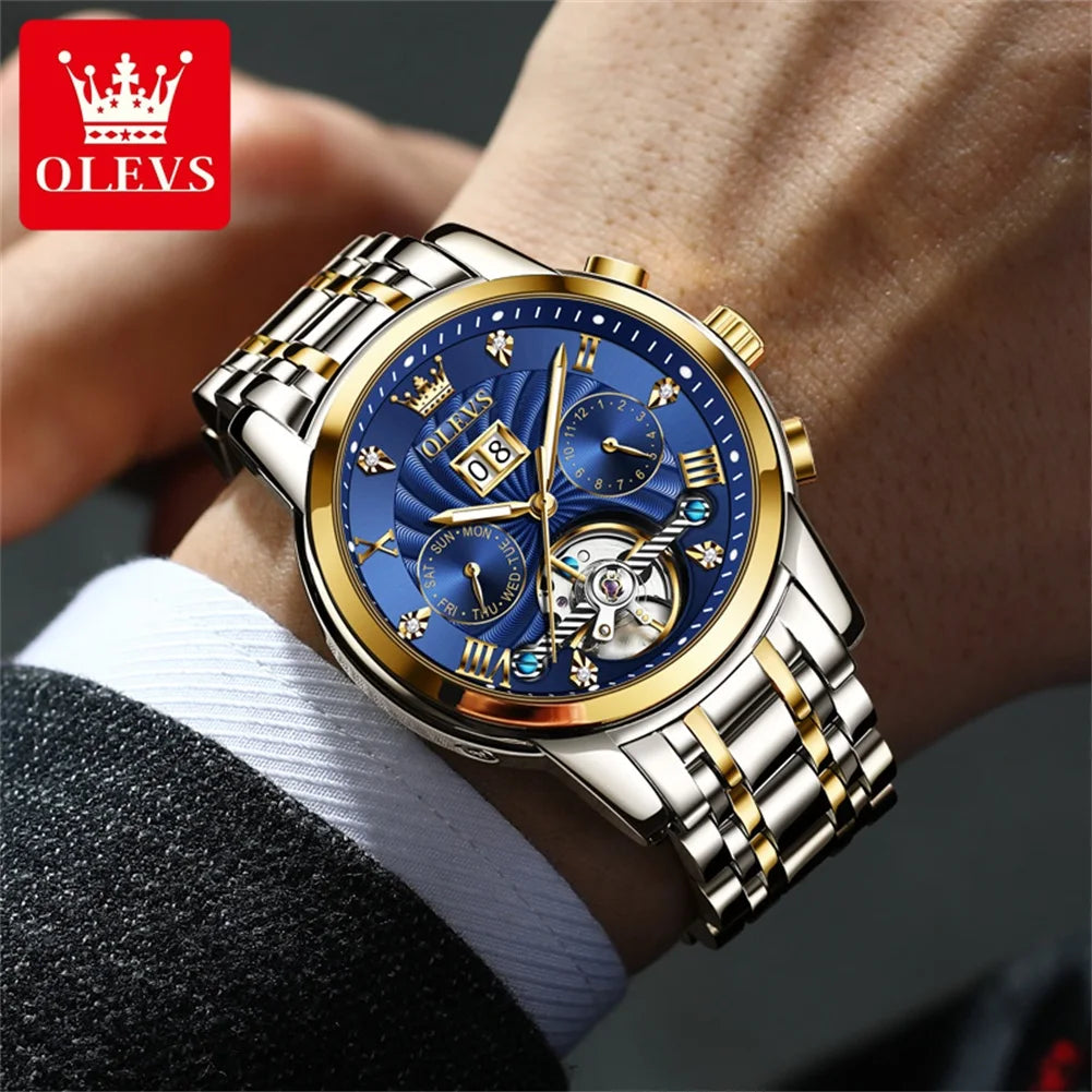 OLEVS 9910 Mens Watch Original Luxury Brand Waterproof Luminous Automatic Mechanical Watch Dual Calendar Watch Box Reloj.
