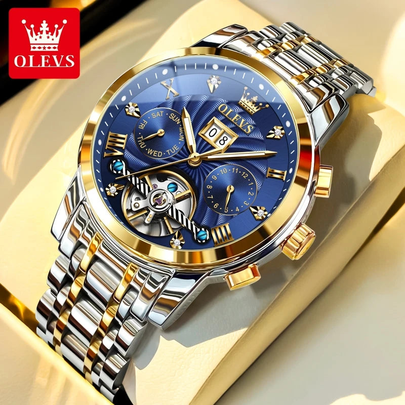 OLEVS 9910 Mens Watch Original Luxury Brand Waterproof Luminous Automatic Mechanical Watch Dual Calendar Watch Box Reloj.