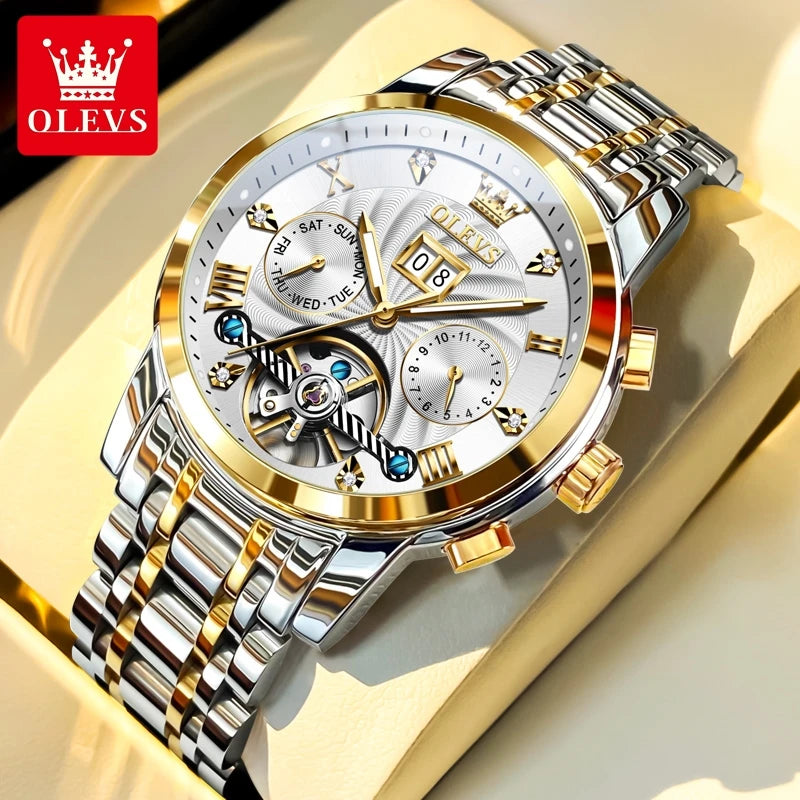 OLEVS 9910 Mens Watch Original Luxury Brand Waterproof Luminous Automatic Mechanical Watch Dual Calendar Watch Box Reloj.