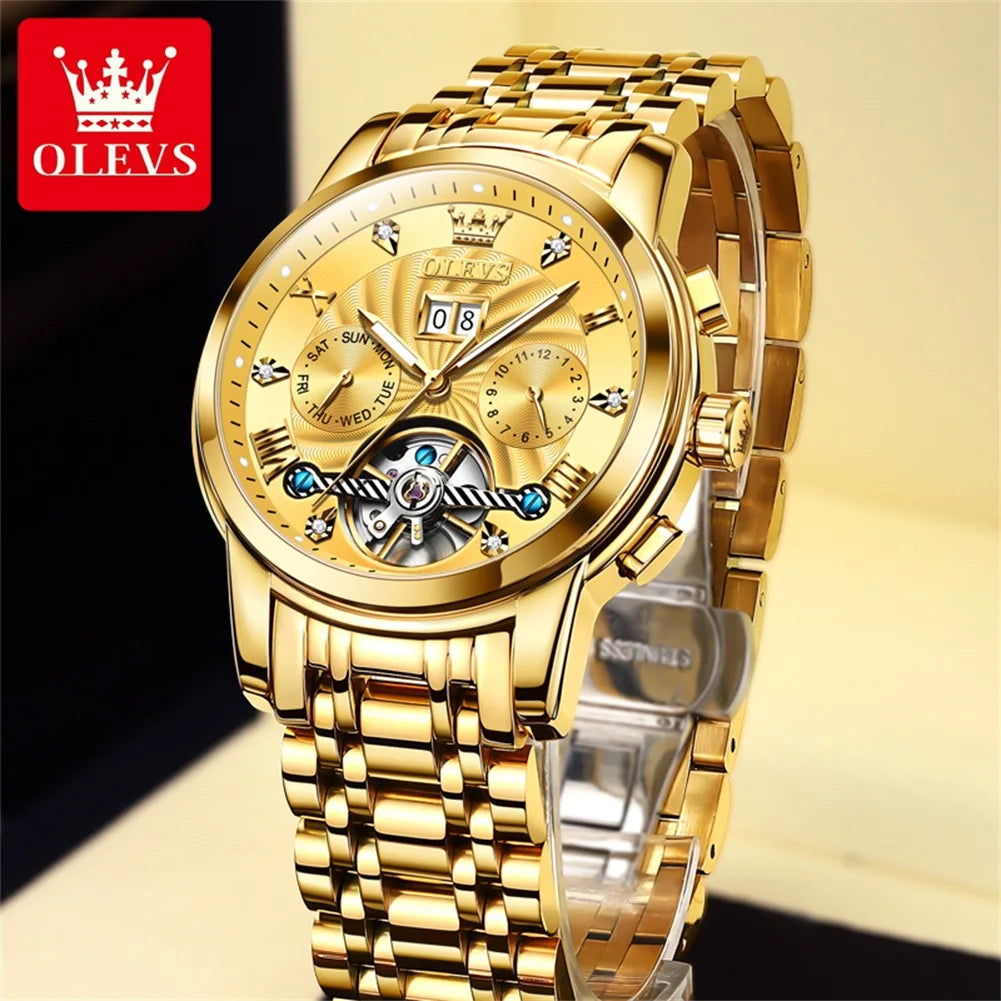 OLEVS 9910 Mens Watch Original Luxury Brand Waterproof Luminous Automatic Mechanical Watch Dual Calendar Watch Box Reloj.