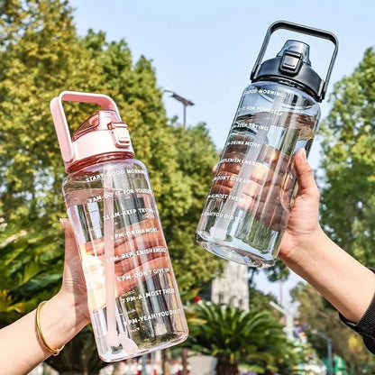 2L Large Capacity Plastic Straw Water Cup Drink Bottle Portable Handheld Water Bottle With Time Marker For Outdoor Sports Gym