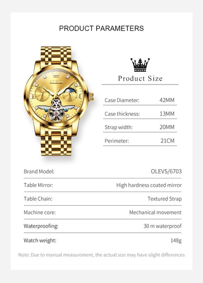 OLEVS 6703 Automatic Mechanical Watch for Men Multi functional Dial 30M Waterproof Luminous Stainless steel Wristwatch