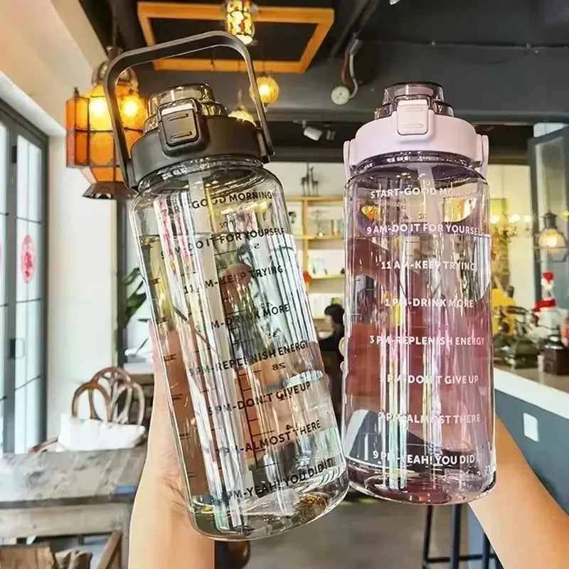 2L Large Capacity Plastic Straw Water Cup Drink Bottle Portable Handheld Water Bottle With Time Marker For Outdoor Sports Gym