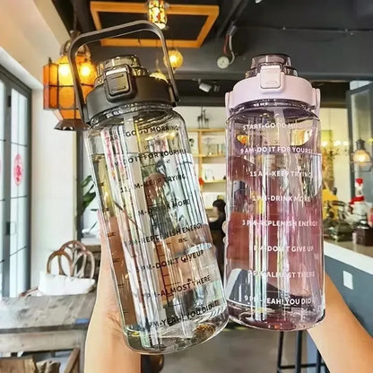 2L Large Capacity Plastic Straw Water Cup Drink Bottle Portable Handheld Water Bottle With Time Marker For Outdoor Sports Gym