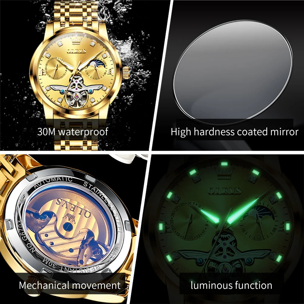 OLEVS 6703 Automatic Mechanical Watch for Men Multi functional Dial 30M Waterproof Luminous Stainless steel Wristwatch