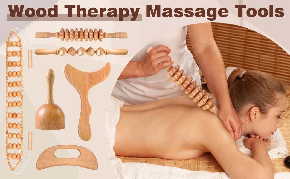 Wood Therapy Massage Tools Wooden  Massager Kit for Anticellulite, Body Contouring, Muscle Relax