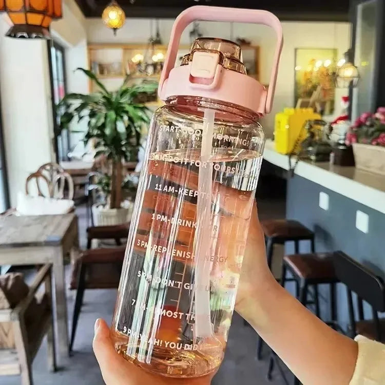 2L Large Capacity Plastic Straw Water Cup Drink Bottle Portable Handheld Water Bottle With Time Marker For Outdoor Sports Gym