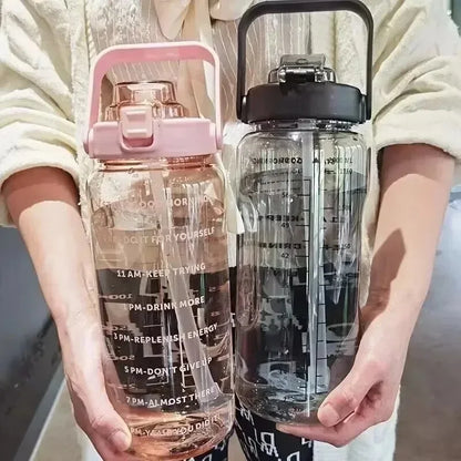 2L Large Capacity Plastic Straw Water Cup Drink Bottle Portable Handheld Water Bottle With Time Marker For Outdoor Sports Gym