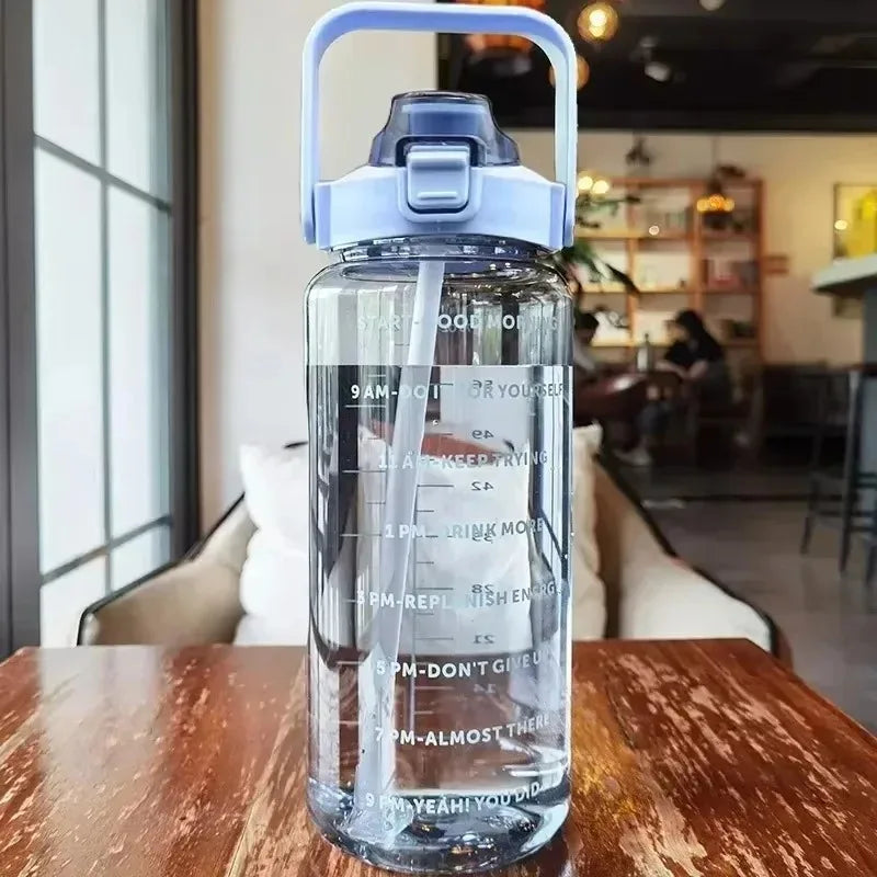 2L Large Capacity Plastic Straw Water Cup Drink Bottle Portable Handheld Water Bottle With Time Marker For Outdoor Sports Gym