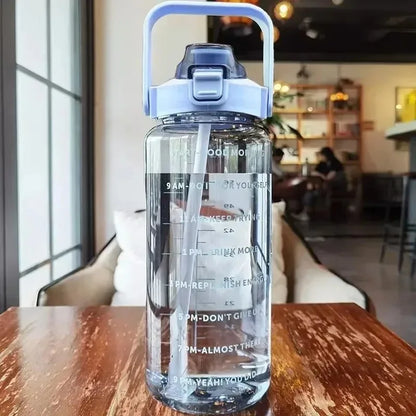 2L Large Capacity Plastic Straw Water Cup Drink Bottle Portable Handheld Water Bottle With Time Marker For Outdoor Sports Gym